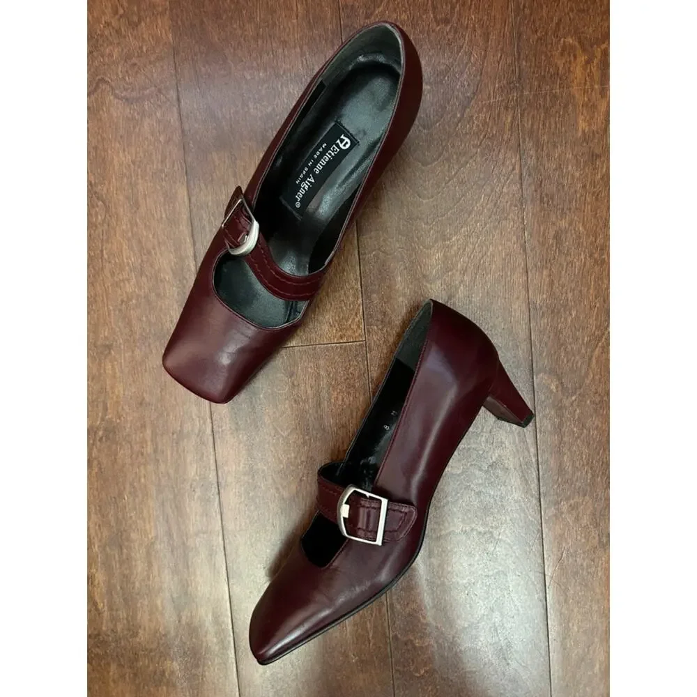 Vintage Etienne Aigner Women's Oxblood Leather Mary Jane Buckle Heels, Size 8